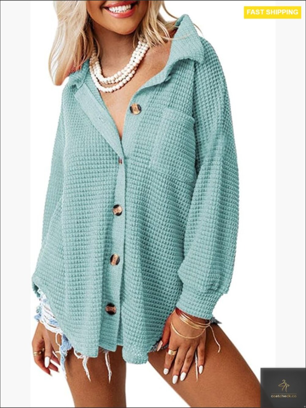 Waffle Knit Shacket Jacket Casual Long Sleeve Button Down Shirt Dressy Blouse